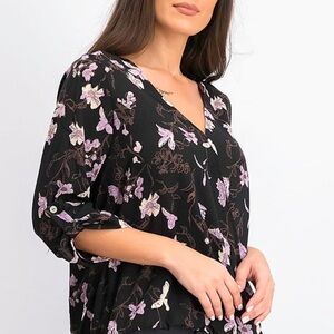 🩷 WEST KEI BLACK FLORAL HIGH LOW BLOUSE HALF SLEEVE TOP BUSINESS SIZE SMALL